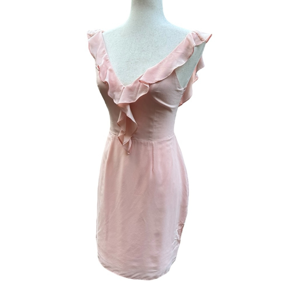 Amanda Uprichard Petal Pink Blush 100% Silk Mini Dress Small Ruffle V-Neck - Picture 2 of 12